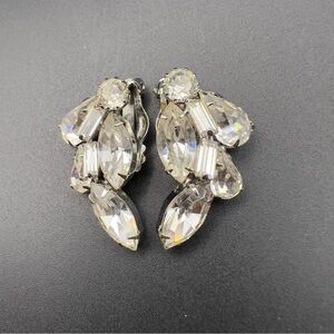 WEISS Clip On Earrings Clear Rhinestone Dangle Marquise Baguette Cut Pave Set